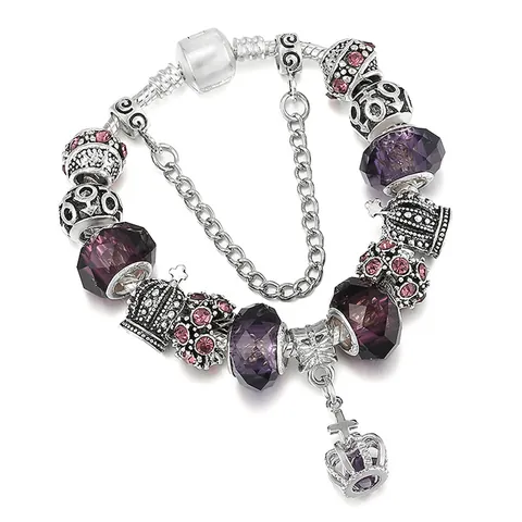 Bracciale con Ciondoli Fai-da-te Donna con Pendente a Corona Lega Vetro Colorato Zirconia Catena a Serpente Gioielli