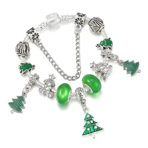 Bracciale con Charm Albero di Natale Perline Fai da Te Vetro Verde Lega Catena a Serpente Gioielli Festivi Donna