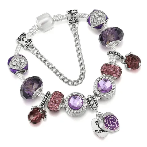 Regalo per la Festa della Mamma Bracciale con Ciondoli a Forma di Rosa in Smalto per Donna Lega Pendente a Doppio Cuore Catena a Serpente Rosa Viola Blu Bianco Perline Braccialetto