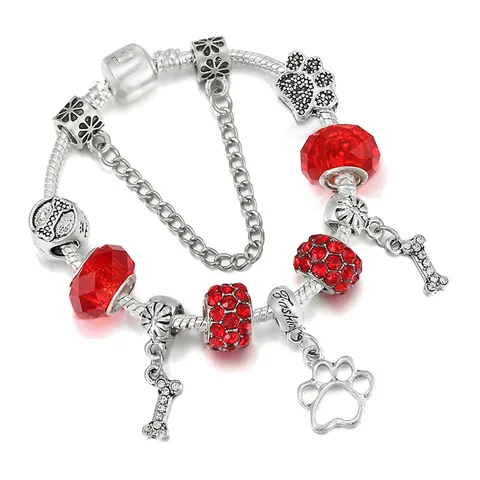 Bracciale Charm in Lega Placcato Argento Con Ciondolo Zampa e Osso Perline in Cristallo Strass Gioielli alla Moda Regalo Donna