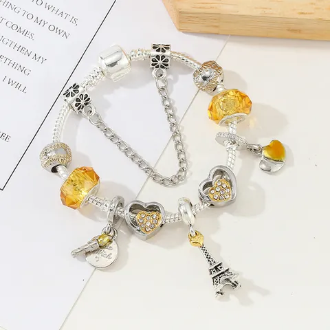 Versilbertes Legierung Charme Armband Mit Gelben Kristallperlen Herz Eiffelturm Anhänger Schlangenkette Für Damen Schmuck Geschenk