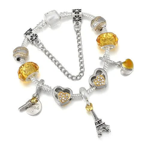 Versilbertes Legierung Charme Armband Mit Gelben Kristallperlen Herz Eiffelturm Anhänger Schlangenkette Für Damen Schmuck Geschenk