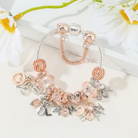 Pulsera de Abalorios de Aleación Plateada DIY Con Colgante de Alfabeto Corazón Corona Cuentas de Cristal Rosa Joyería para Mujer Regalo