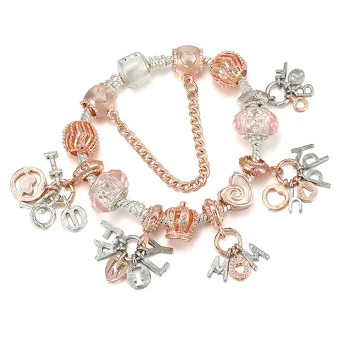 Pulsera de Abalorios de Aleación Plateada DIY Con Colgante de Alfabeto Corazón Corona Cuentas de Cristal Rosa Joyería para Mujer Regalo