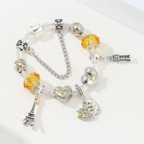 Luxus Legierung Gelb Kristall Herz Lebensbaum Charm Armband Versilbert Schlangenkette DIY Schmuck Für Damen