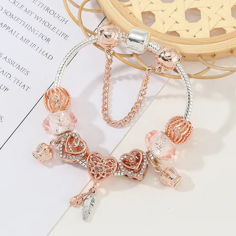 Bedel Hart Veer Dromenvanger Armband Roségoud Zilver Verguld Kralen Kroon Hanger Armband Roze Glazen Kralen Mode-Sieraden Voor Vrouwen