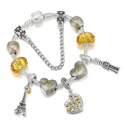 Luxus Legierung Gelb Kristall Herz Lebensbaum Charm Armband Versilbert Schlangenkette DIY Schmuck Für Damen