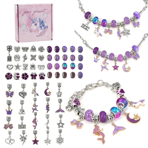 Kit de Fabricación de Pulseras DIY para Niñas Tema Unicornio Sirena Púrpura Conjunto de Joyas de Aleación Con Caja de Regalo Rosa