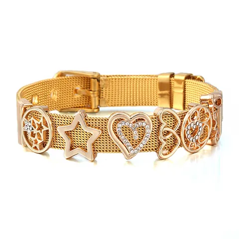 Stainless Steel Mesh Bracelet Women Gold Rose Gold Silver Heart Star Rhinestone Sliders Watch Band Style Charm Bracelet