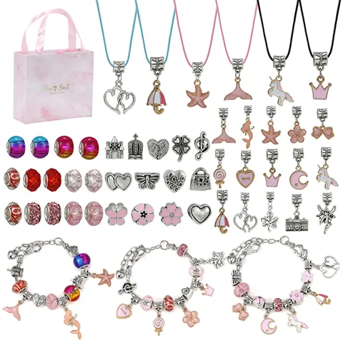 Kids DIY Jewelry Making Kit Girls Charm Bracelet Necklace Pink Alloy Beads Mermaid Unicorn Heart Gift Box