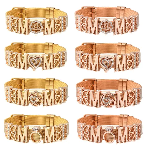 Bracciale MOM in Maglia di Acciaio Inossidabile per Regalo Festa della Mamma Oro Oro Rosa Cuore Strass Bracciale con Ciondoli Gioielli da Donna
