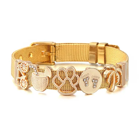 Stainless Steel Mesh Chain Bracelet With Slider Charms Bicycle Coconut Tree Paw For Women Fashion Adjustable Jewelry Bracelet