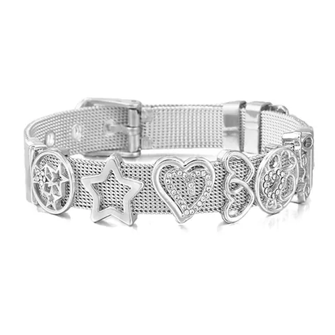 Stainless Steel Mesh Bracelet Women Gold Rose Gold Silver Heart Star Rhinestone Sliders Watch Band Style Charm Bracelet