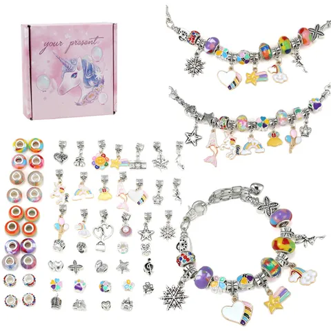 DIY Jewelry Making Kit For Kids Girls Unicorn Rainbow Mermaid Enamel Charms Crystal Beads Snake Chain Bracelet Set Gift Box