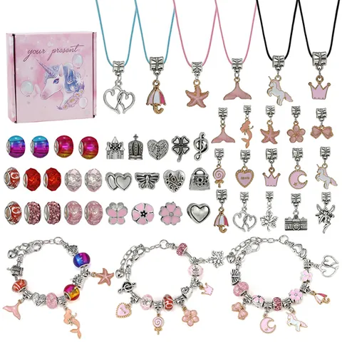 Kids DIY Jewelry Making Kit Girls Charm Bracelet Necklace Pink Alloy Beads Mermaid Unicorn Heart Gift Box