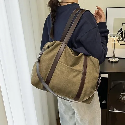 Large Capacity Canvas Tote Bag For Women Urban Simple Contrast Color Commuter Shoulder Bag Vintage Briefcase Work Handbag