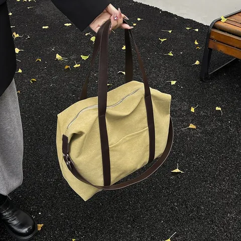 Large Capacity Canvas Tote Bag For Women Urban Simple Contrast Color Commuter Shoulder Bag Vintage Briefcase Work Handbag