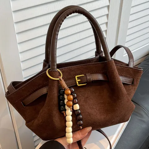 Vintage Women Suede PU Leather Handbag With Wooden Beads Charm Retro Leopard Print Shoulder Crossbody Bucket Bag For Women