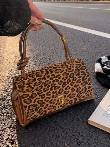 Borsa a Mano Vintage con Stampa Leopardata in Pelle Lucida Piccola Borsa Quadrata Donna Orecchino a Spalla Manico Annodato Retro