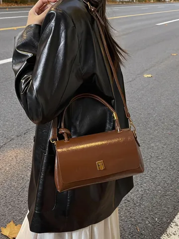 Borsa a Mano Vintage con Stampa Leopardata in Pelle Lucida Piccola Borsa Quadrata Donna Orecchino a Spalla Manico Annodato Retro