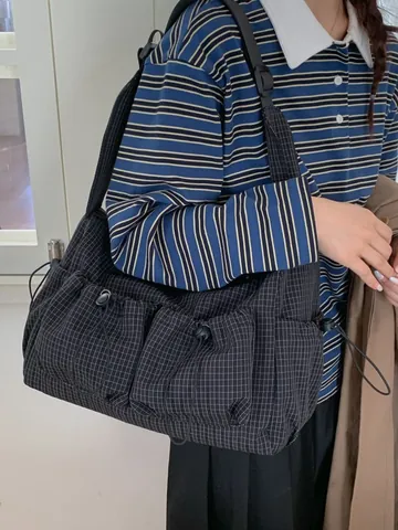 Borsa a Tracolla Casual a Quadri in Nylon per Donna Grande Capacità Tasche Multiple con Coulisse Tracolla Regolabile Borsa Messenger