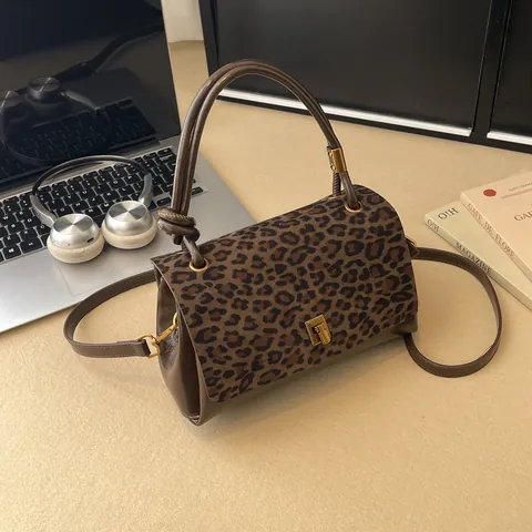 Borsa a Mano Patchwork con Stampa Leopardata Retro Chiusura in Metallo Manico a Nodo Tracolla Rimovibile in Pelle PU Donna