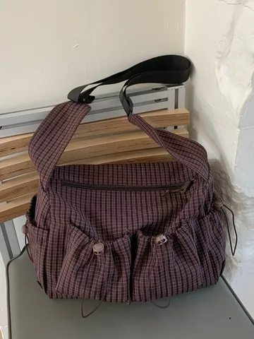 Borsa a Tracolla Casual a Quadri in Nylon per Donna Grande Capacità Tasche Multiple con Coulisse Tracolla Regolabile Borsa Messenger