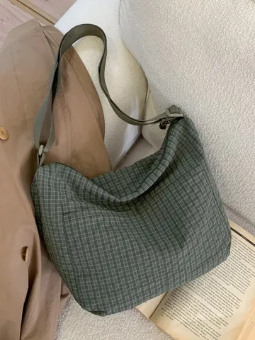 Borsa a Tracolla in Nylon a Griglia Stile Coreano da Donna Casual Grande Capacità Tracolla Regolabile Borsa a Spalla Tote