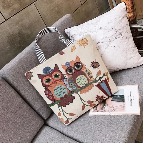 Borsa Tote da Donna Vintage in Tela Jacquard Ricamo Gufo Elefante Grande Capacità Borsa Etnica con Manico a Righe