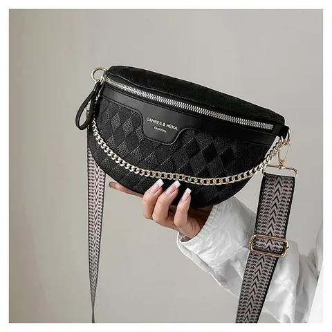 Women Fashion Diamond Lattice Chest Bag Oxford Cloth Crossbody Waist Bag With Metal Chain And Wide Strap Casual Bag
