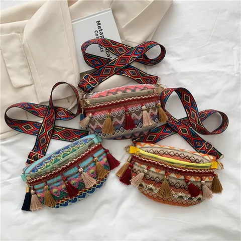 Bohemian Ethnic Woven Waist Bag For Women Colorful Tassel Geometric Pattern Wide Adjustable Shoulder Strap Nylon Chest Bag