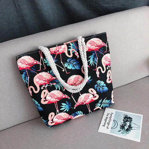 Casual Canvas Tote Bag Women Tropical Leaf Flamingo Print Handbag With Thick Rope Handle Large Capacity Beach Bag