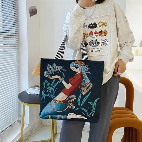 Borsa Tote in Tela Jacquard con Ritratto Artistico per Donna Grande Capacità Vintage Ricamo Etnico Borsa a Spalla Shopping Manico a Righe