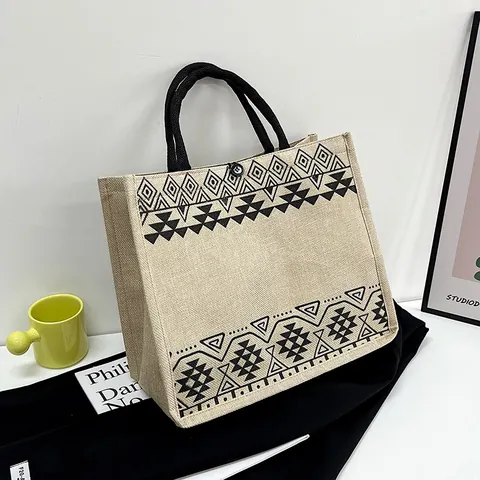 Dames Grote Capaciteit Linnen Katoenen Tote Tas Etnisch Geometrisch Patroon Bedrukking Shopping Handtas Met Merci Letter Reisschoudertas