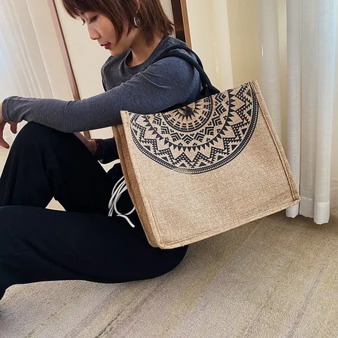 Bohemian Geometric Print Jute Tote Bag Large Capacity Cotton Linen Handbag Vintage Mandala Pattern Shopping Bag For Women