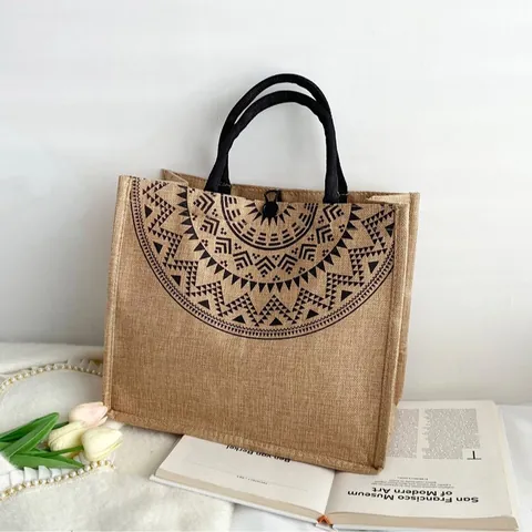Women Large Capacity Cotton Linen Tote Bag Bohemian Mandala Elephant Printed Jute Handbag For Casual Shopping Travel Handbag