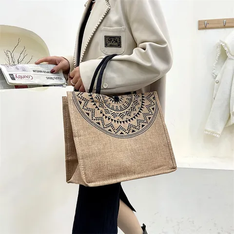 Bolso Tote de Gran Capacidad para Mujer en Yute Algodón y Lino Bolso de Mano con Estampado Étnico Bohemio Bolso de Hombro Casual