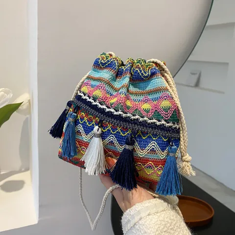 Women Bohemian Ethnic Woven Drawstring Bucket Bag With Tassels Geometric Pattern Polyester Shoulder Crossbody Bag For Vacation
