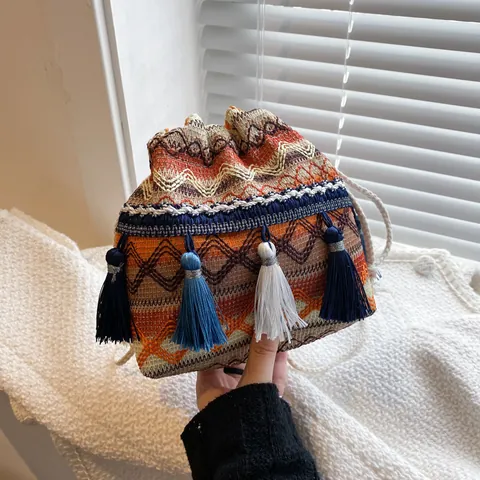 Women Bohemian Ethnic Woven Drawstring Bucket Bag With Tassels Geometric Pattern Polyester Shoulder Crossbody Bag For Vacation