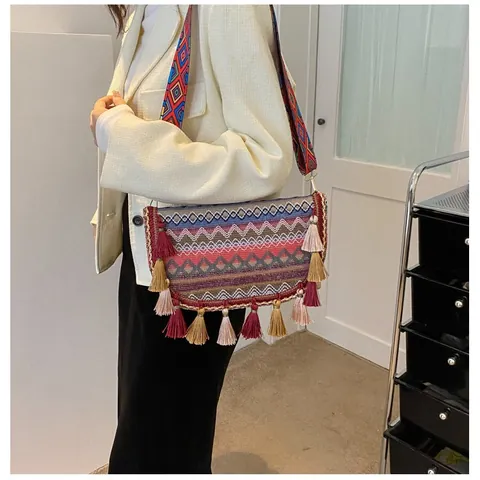 Böhmisch Ethnisch Gewebte Umhängetasche Für Damen Mit Quasten Geometrisches Muster Breiter Schultergurt Stickerei Crossbody Bag