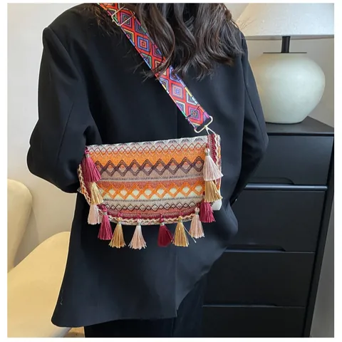Böhmisch Ethnisch Gewebte Umhängetasche Für Damen Mit Quasten Geometrisches Muster Breiter Schultergurt Stickerei Crossbody Bag