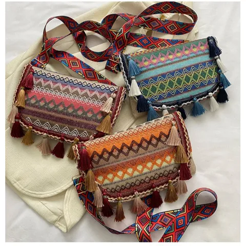 Bohemian Ethnic Woven Messenger Bag For Women With Tassels Geometric Pattern Wide Shoulder Strap Embroidery Crossbody Bag