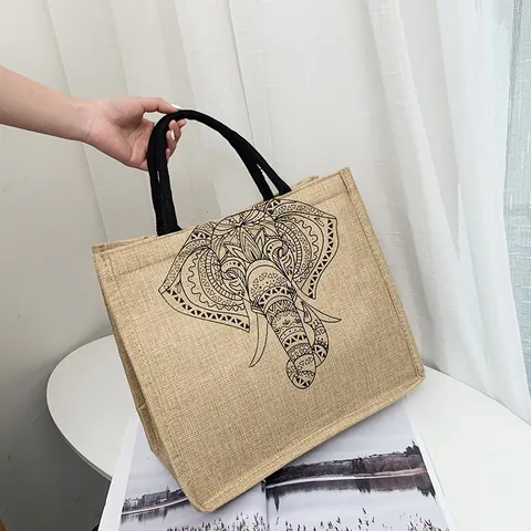 Vintage Large Capacity Elephant Print Tote Bag Simple DuPont Paper Shoulder Shopping Bag For Women