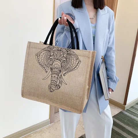 Vintage Large Capacity Elephant Print Tote Bag Simple DuPont Paper Shoulder Shopping Bag For Women