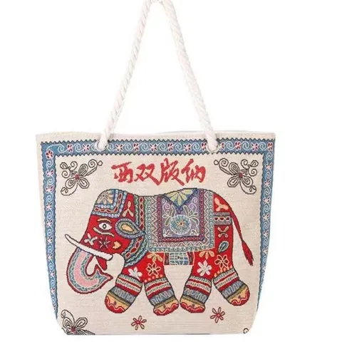 Ethno Elefant Stickerei Leinwand Tragetasche Für Damen Große Kapazität Mode Bohemian Reise Schulterhandtasche Mit Seilgriff