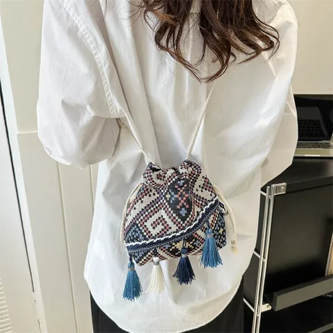 Ethnic Bohemian Geometric Braided Drawstring Bucket Bag For Women Fashion Tassel Shoulder Crossbody Small Bag Travel Casual Coin Purse