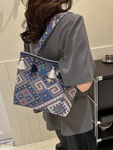 Damen Ethno-Stil Geometrisches Gewebt Tote Bag Große Kapazität Boho Schultertasche Mit Quasten Casual Urlaub Handtasche