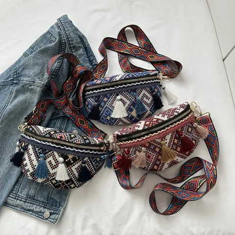Marsupio da Donna in Tessuto Etnico Bohémien con Nappe Colorate Jacquard Borsa da Petto con Tracolla Larga per Viaggi Casual