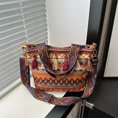 Bohemian Ethnic Woven Shoulder Bag For Women Geometric Pattern Tote Bag With Tassels And Adjustable Broad Strap Daily Casual Travel Handbag