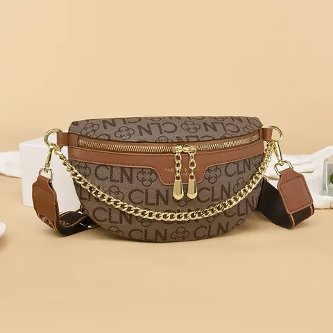 Damen Retro Monogramm Kette Brusttasche Große Kapazität PU Leder Gürteltasche Mode Crossbody Unterarmtasche Mit Breitem Gurt